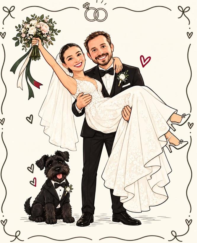 Ilustración de Gabriel y Vanessa con sus perritos Benito y Nala